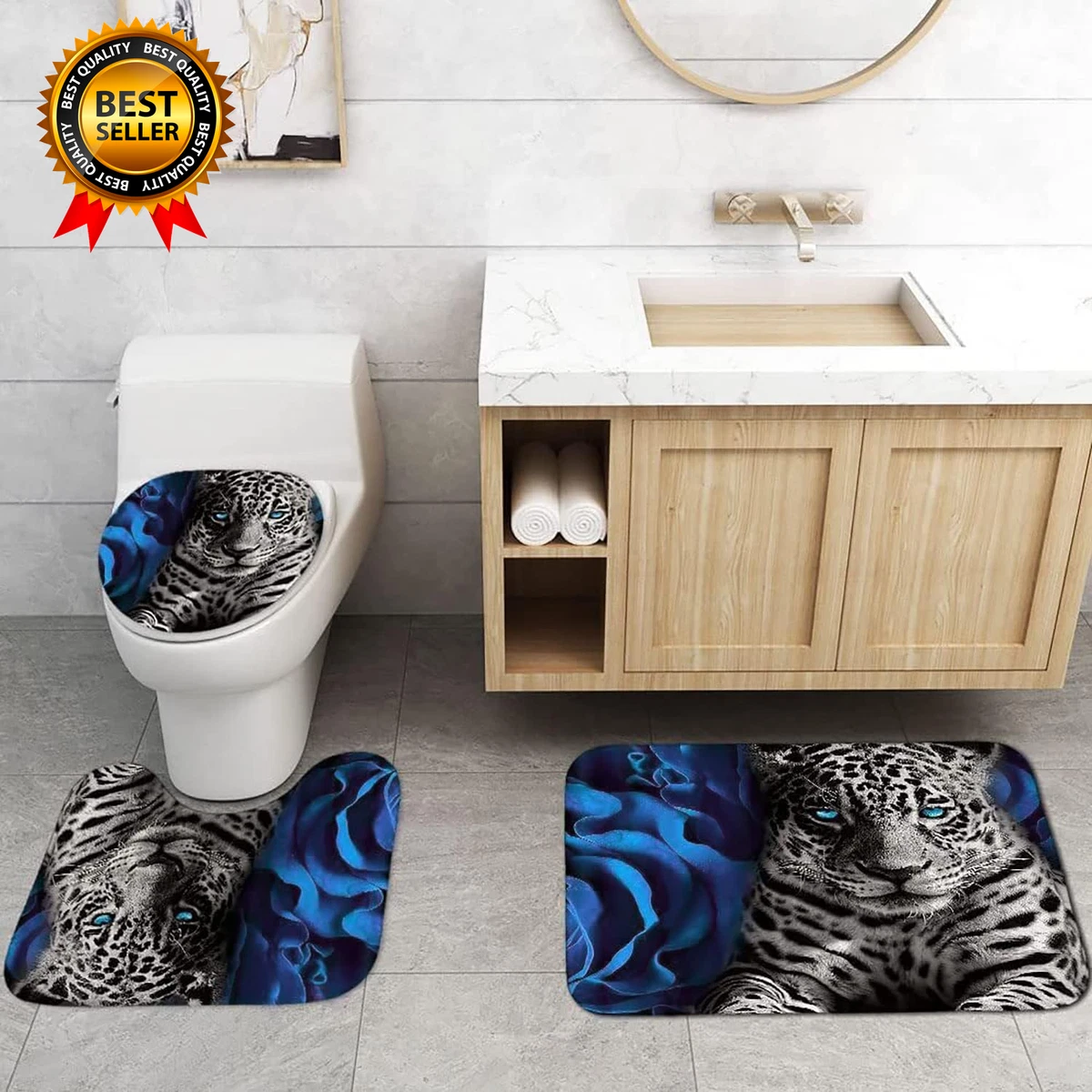 4PCS Blue Rose and Leopard Shower Curtain Bathroom Set with Rug Toilet Lid Cover