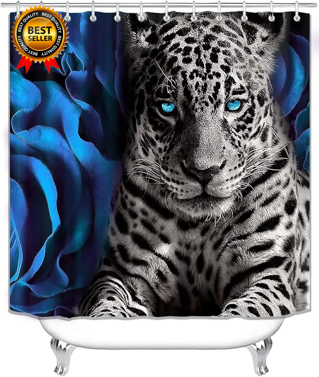 4PCS Blue Rose and Leopard Shower Curtain Bathroom Set with Rug Toilet Lid Cover