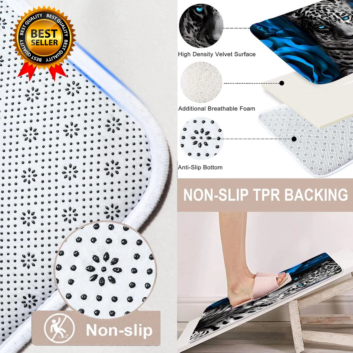 4PCS Blue Rose and Leopard Shower Curtain Bathroom Set with Rug Toilet Lid Cover