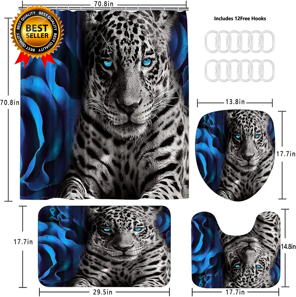 4PCS Blue Rose and Leopard Shower Curtain Bathroom Set with Rug Toilet Lid Cover