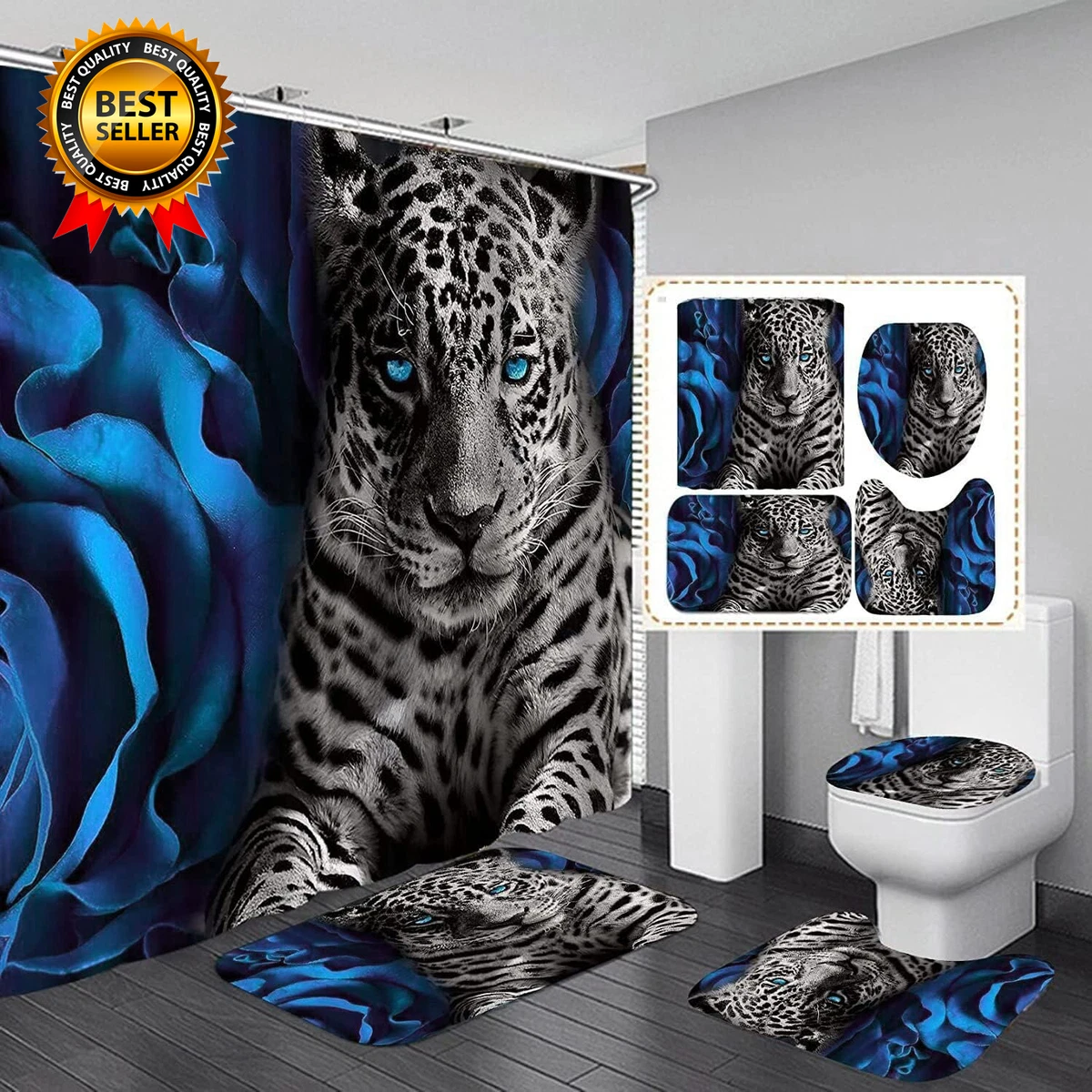 4PCS Blue Rose and Leopard Shower Curtain Bathroom Set with Rug Toilet Lid Cover