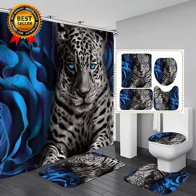 4PCS Blue Rose and Leopard Shower Curtain Bathroom Set with Rug Toilet Lid Cover