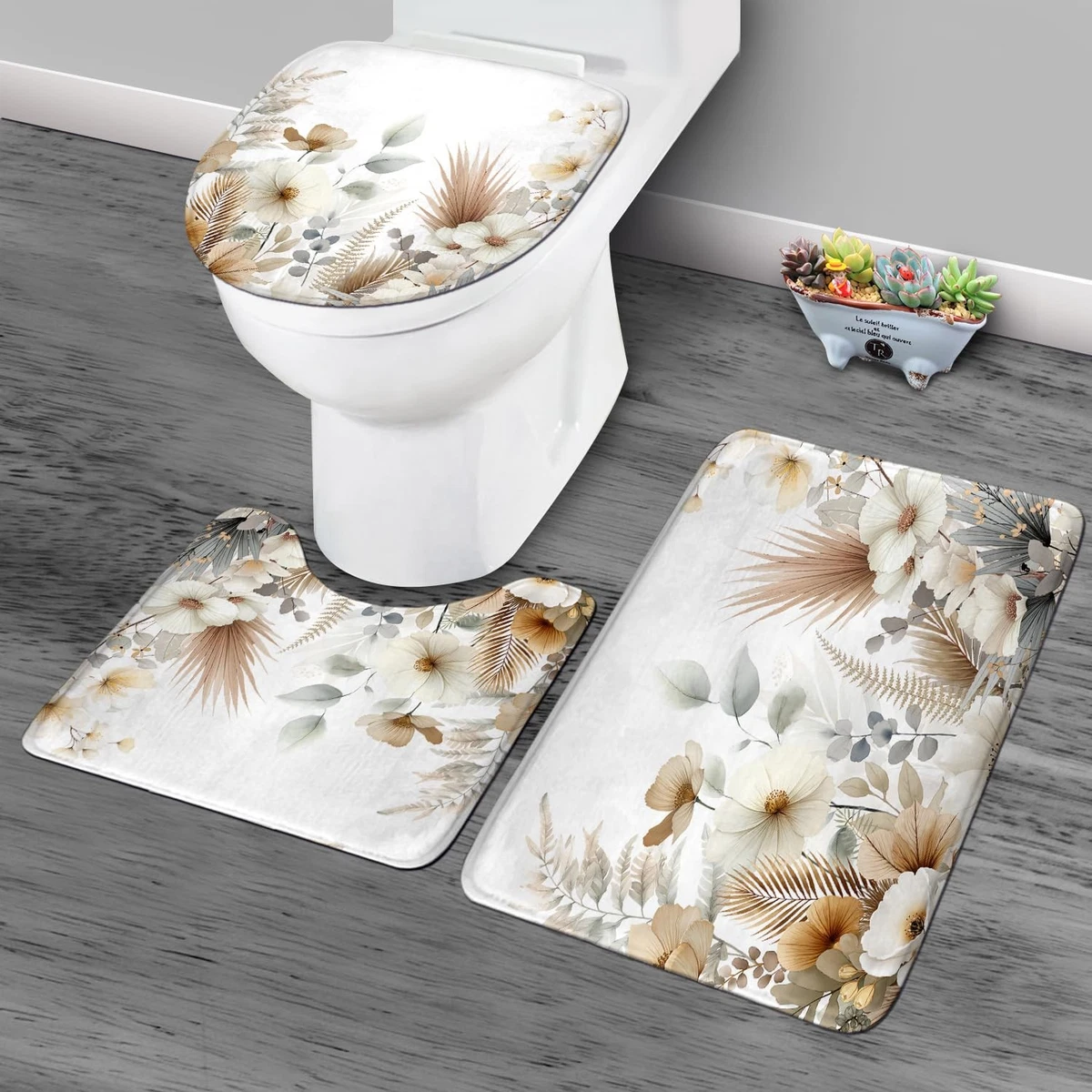 4Pcs Boho Floral Shower Curtain Sets, Bath Mat and Toilet Lid Cover, Spring B...