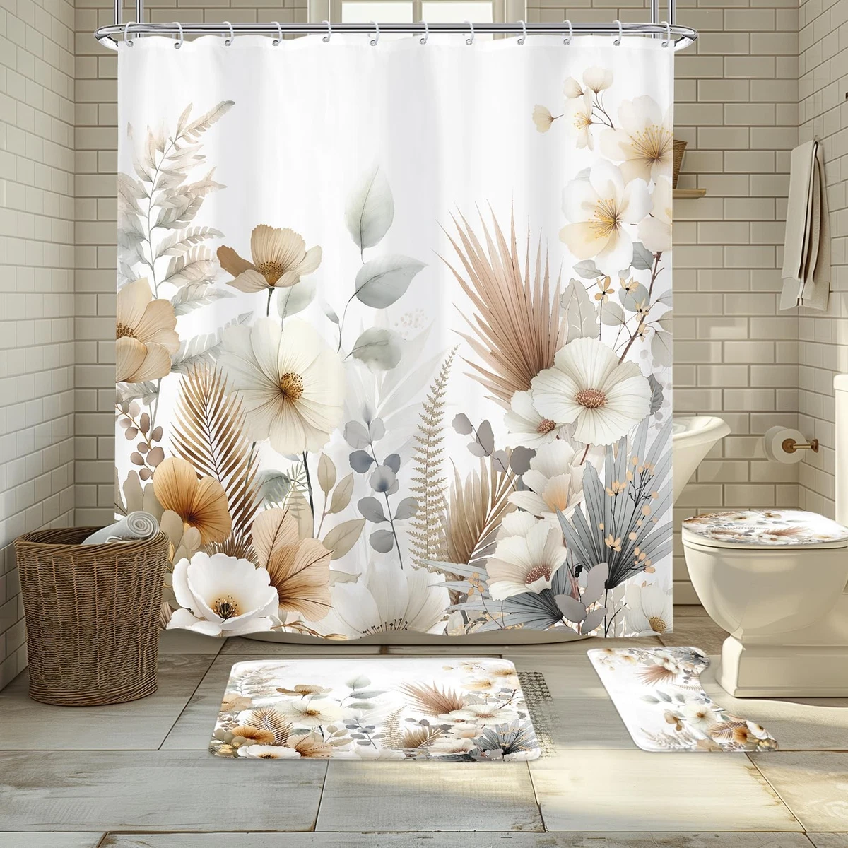 4Pcs Boho Floral Shower Curtain Sets, Bath Mat and Toilet Lid Cover, Spring B...