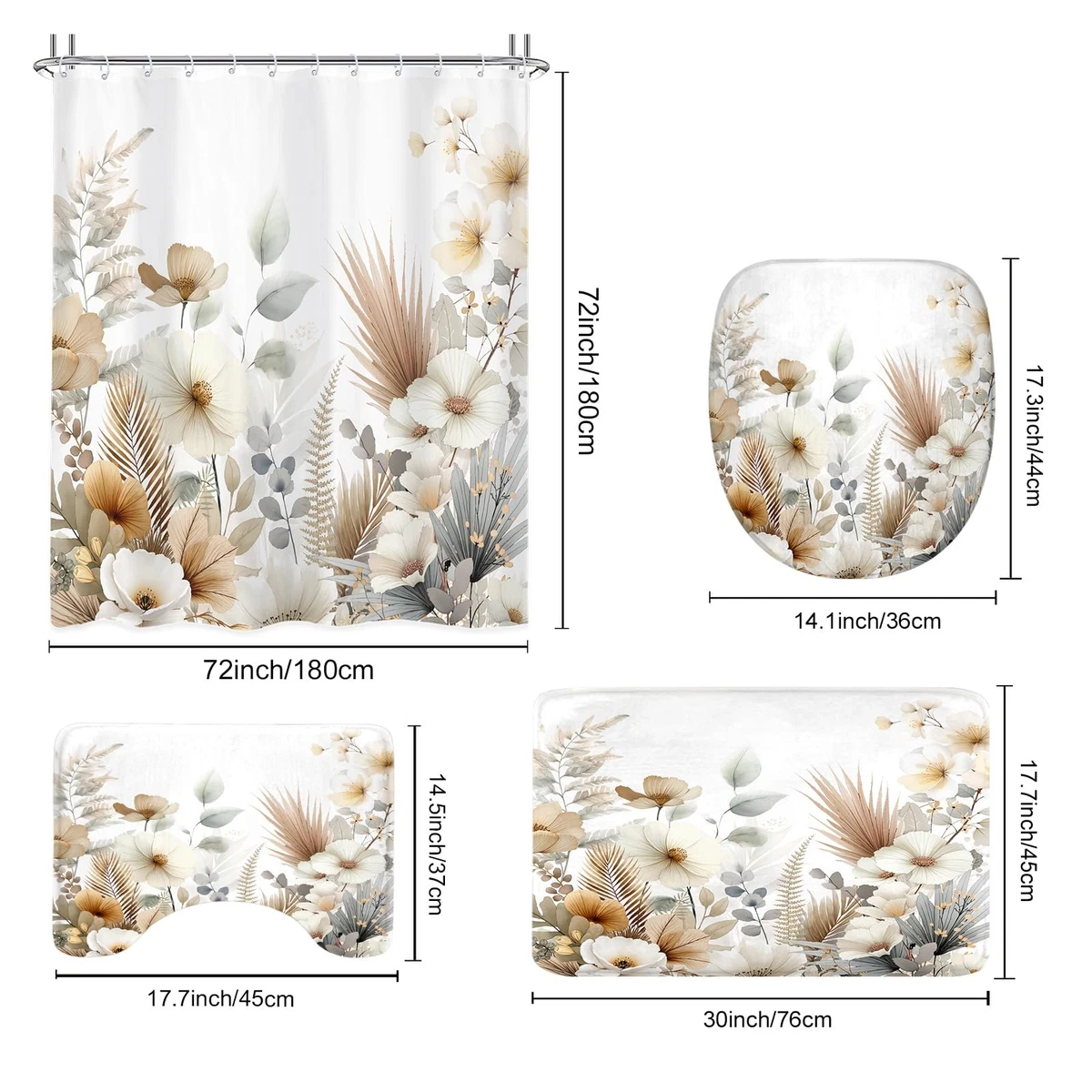 4Pcs Boho Floral Shower Curtain Sets, Bath Mat and Toilet Lid Cover, Spring B...