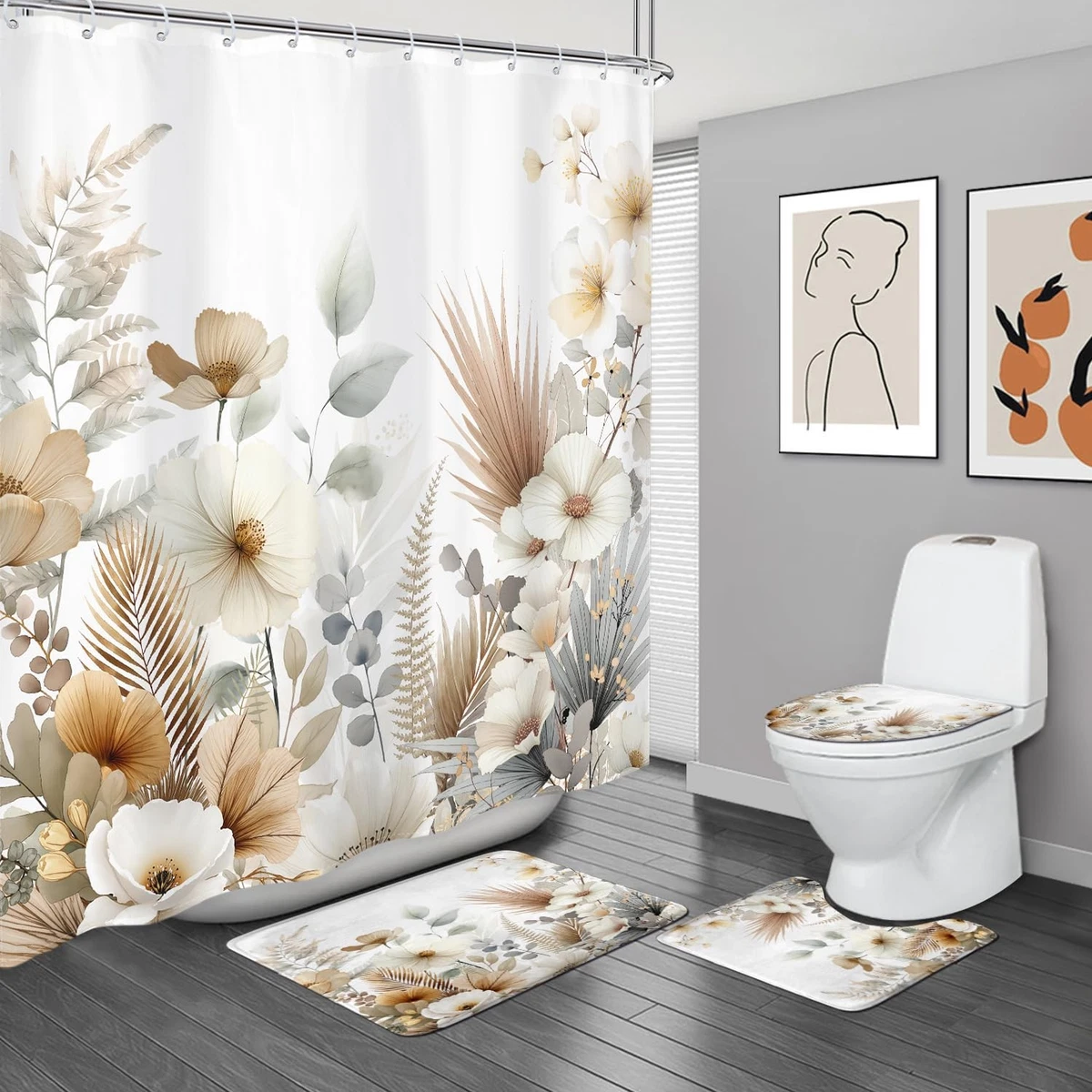 4Pcs Boho Floral Shower Curtain Sets, Bath Mat and Toilet Lid Cover, Spring B...