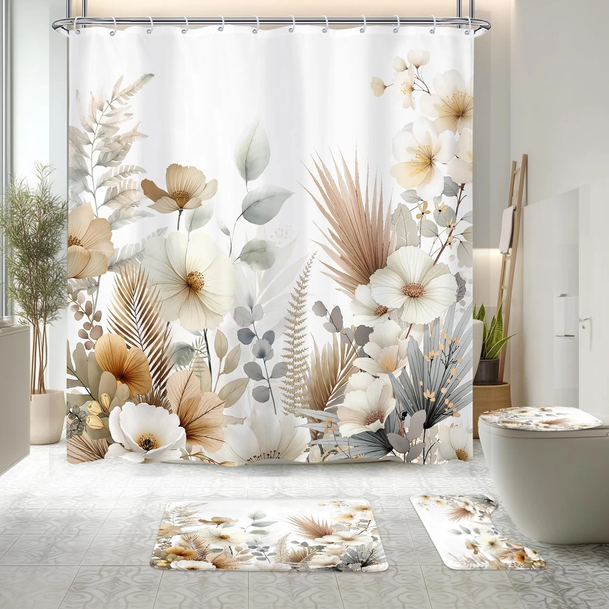 4Pcs Boho Floral Shower Curtain Sets, Bath Mat and Toilet Lid Cover, Spring B...