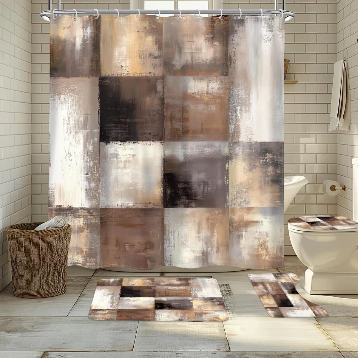 4Pcs Brown Grey Abstract Shower Curtain Sets, Bath Mat and Toilet Lid Cover,Rust