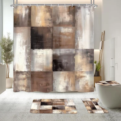 4Pcs Brown Grey Abstract Shower Curtain Sets, Bath Mat and Toilet Lid Cover,Rust