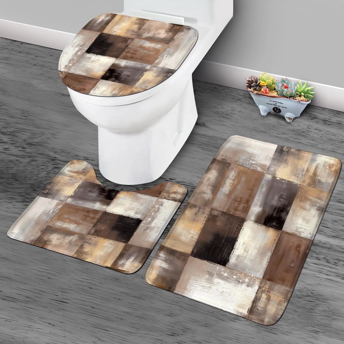 4Pcs Brown Grey Abstract Shower Curtain Sets Bath Mat & Toilet Lid Cover,Rustic