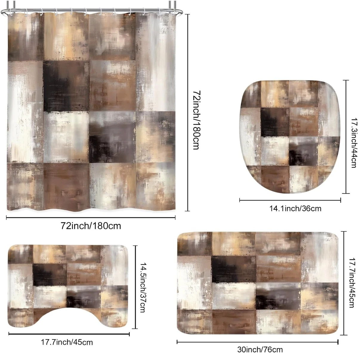 4Pcs Brown Grey Abstract Shower Curtain Sets Bath Mat & Toilet Lid Cover,Rustic