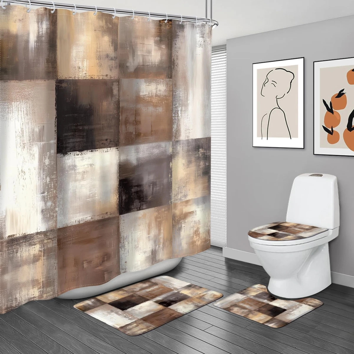 4Pcs Brown Grey Abstract Shower Curtain Sets Bath Mat & Toilet Lid Cover,Rustic