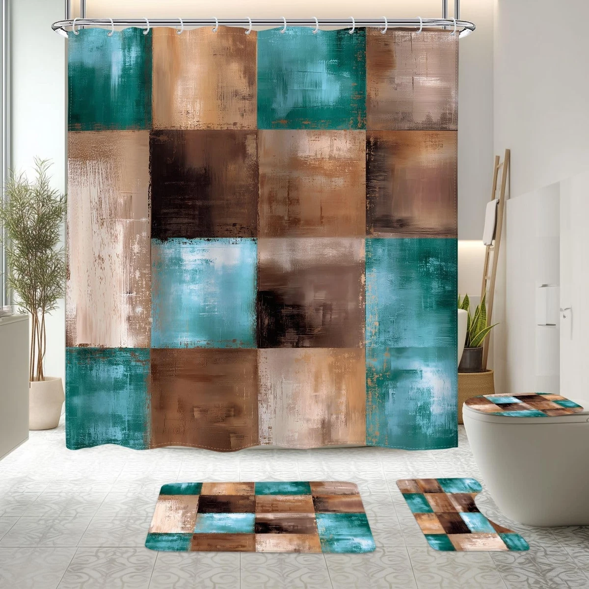 4Pcs Brown Grey Abstract Shower Curtain Sets Bath Mat & Toilet Lid Cover,Rustic