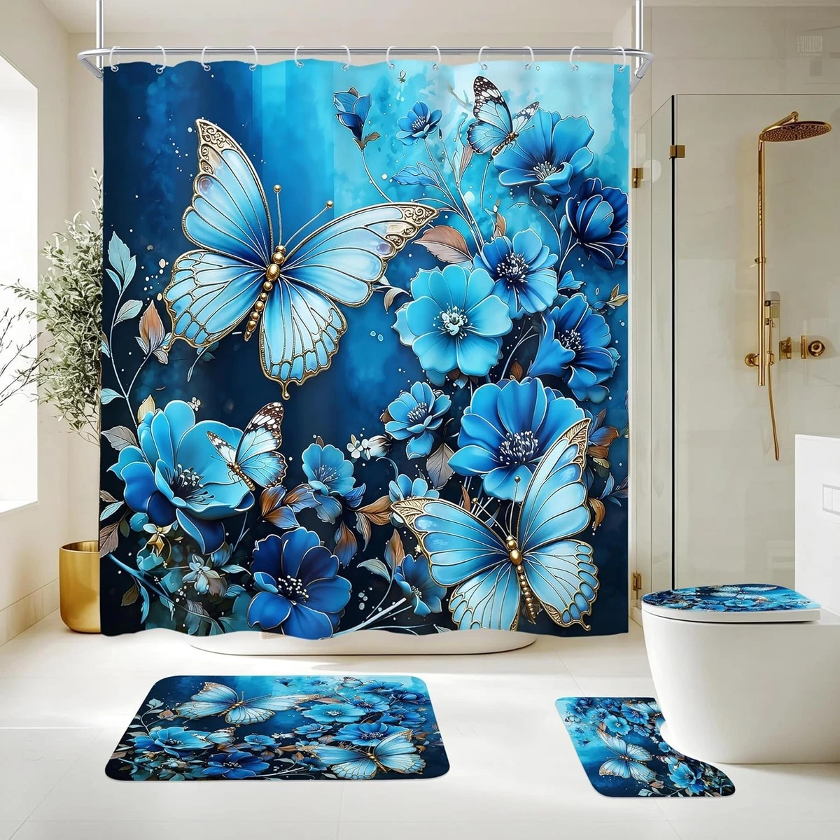 4Pcs Butterfly Shower Curtain Set with Non-Slip Rugs, Toilet Lid Cover and Ba...