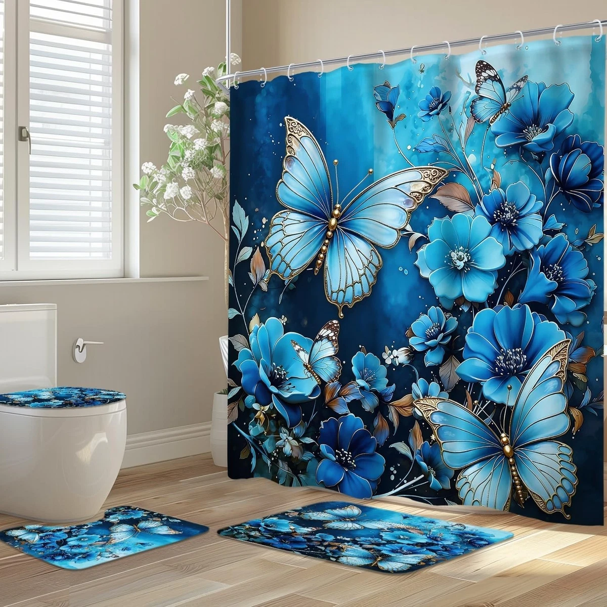 4Pcs Butterfly Shower Curtain Set with Non-Slip Rugs, Toilet Lid Cover and Ba...