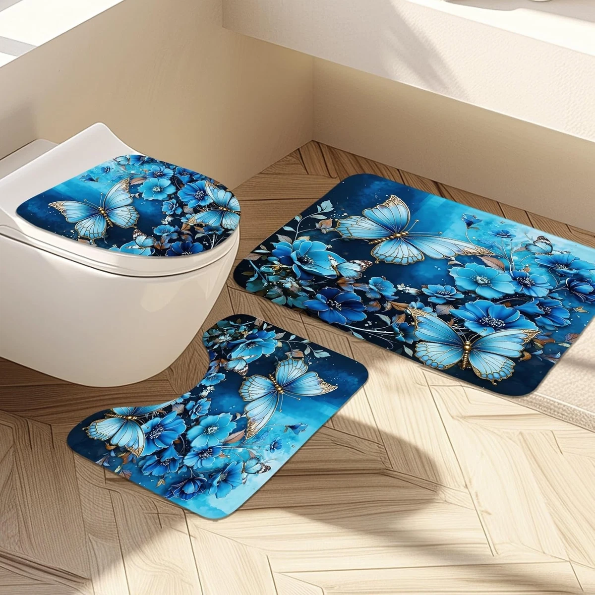 4Pcs Butterfly Shower Curtain Set with Non-Slip Rugs, Toilet Lid Cover and Ba...
