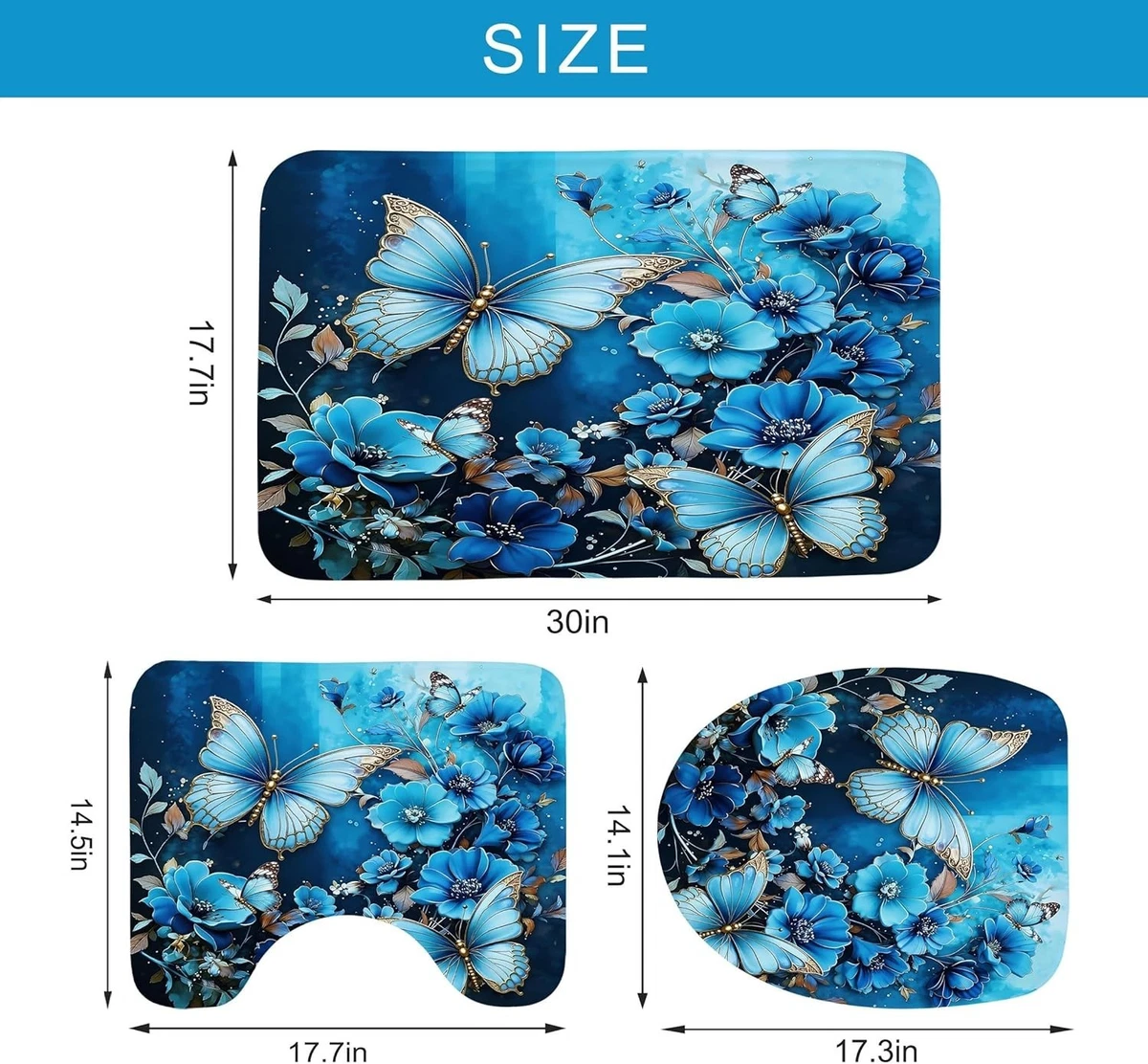 4Pcs Butterfly Shower Curtain Set with Non-Slip Rugs, Toilet Lid Cover and Ba...