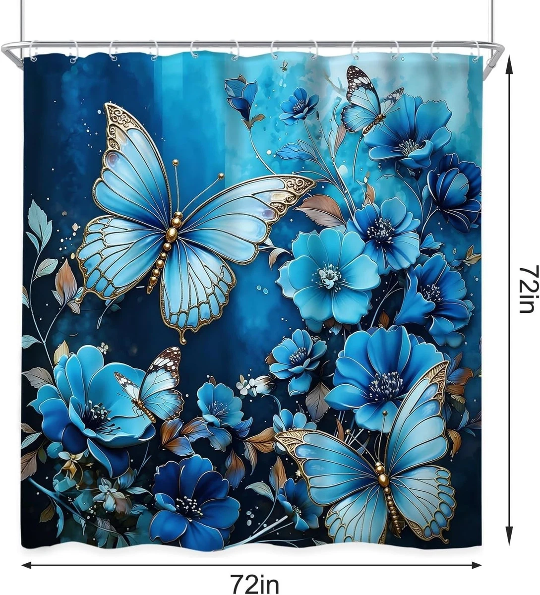 4Pcs Butterfly Shower Curtain Set with Non-Slip Rugs, Toilet Lid Cover and Ba...