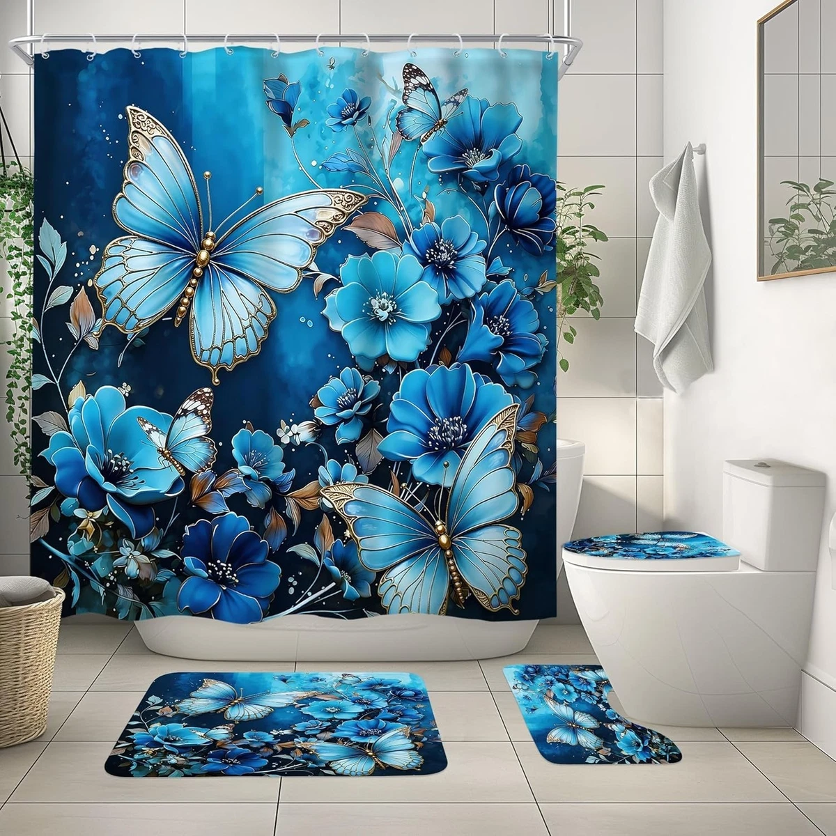 4Pcs Butterfly Shower Curtain Set with Non-Slip Rugs, Toilet Lid Cover and Ba...