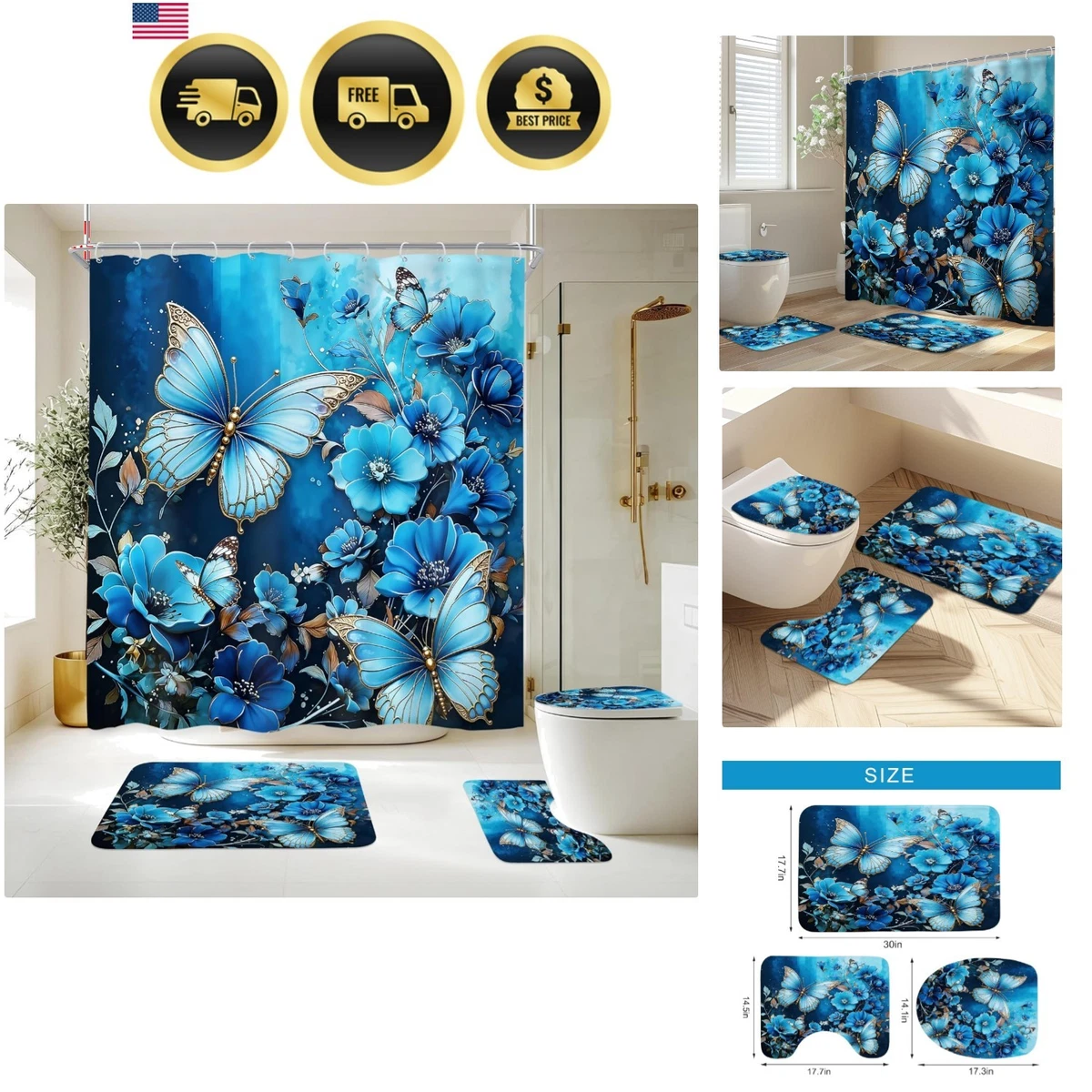 4Pcs Butterfly Shower Curtain Set with Non-Slip Rugs, Toilet Lid Cover and Ba...