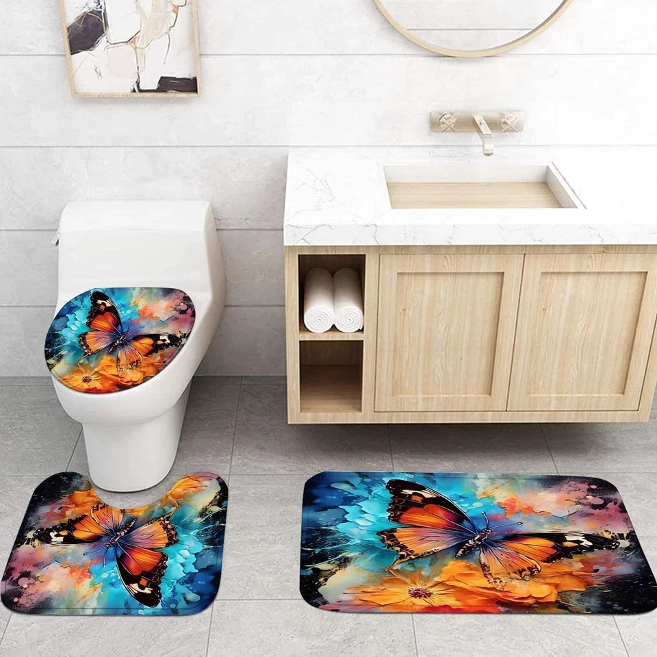 4Pcs Butterfly Shower Curtain Set with Rug Toilet Lid Cover Mat Waterproof