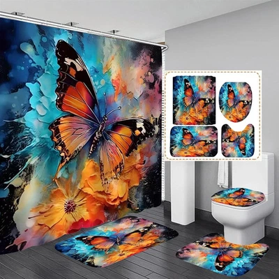 4Pcs Butterfly Shower Curtain Set with Rug Toilet Lid Cover Mat Waterproof