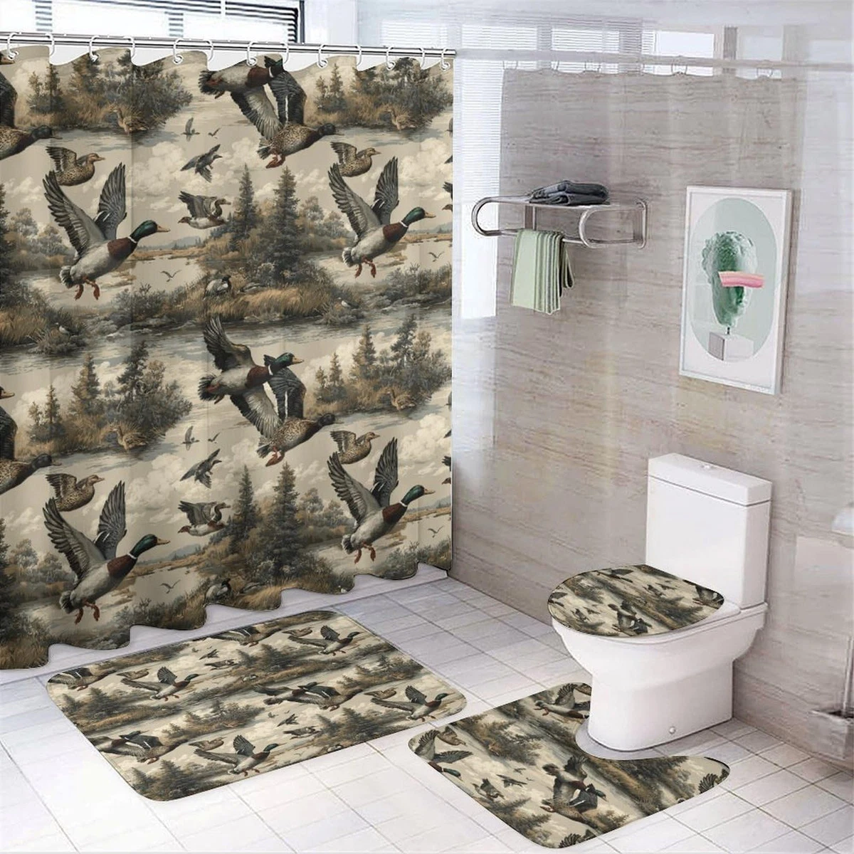 4PCS Camouflage Shower Curtain Set with Non-Slip Rug & Toilet Lid Cover, 72"x72