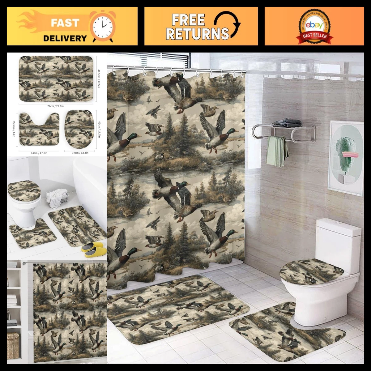 4PCS Camouflage Shower Curtain Set with Non-Slip Rug & Toilet Lid Cover, 72"x72