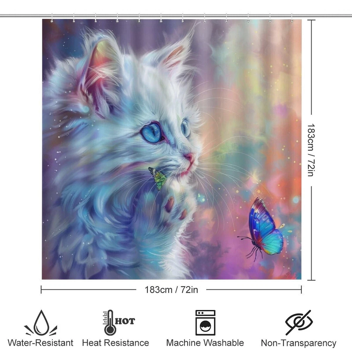 4Pcs Cat Colorful Shower Curtain Set with Lid Cover U-Shaped Mat and Non-Slip...