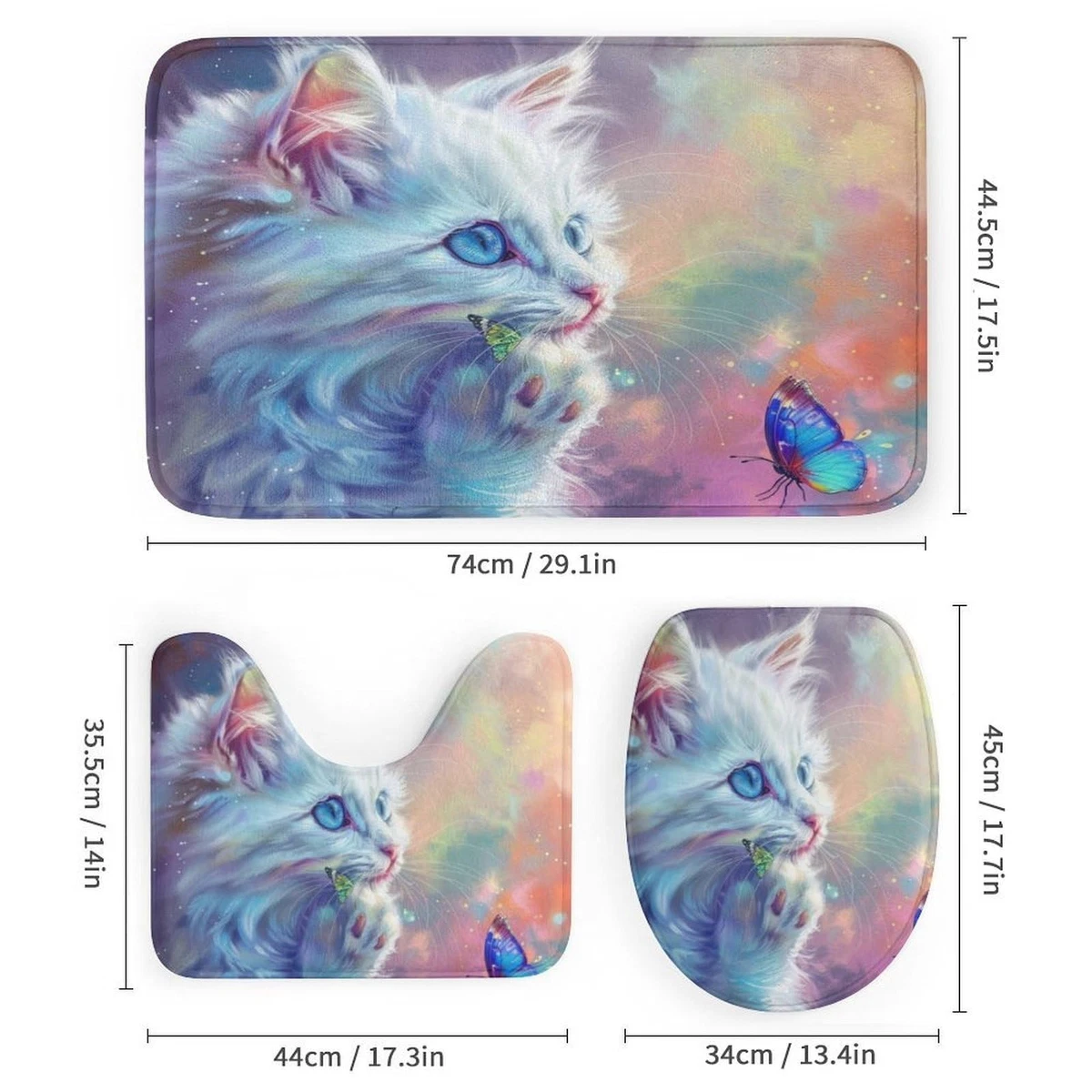 4Pcs Cat Colorful Shower Curtain Set with Lid Cover U-Shaped Mat and Non-Slip...