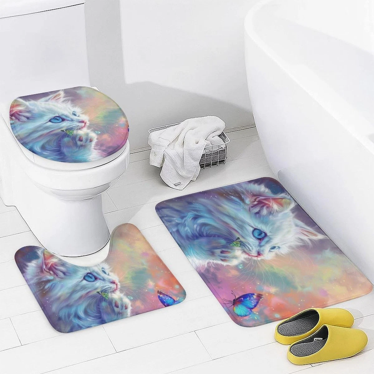 4Pcs Cat Colorful Shower Curtain Set with Lid Cover U-Shaped Mat and Non-Slip...