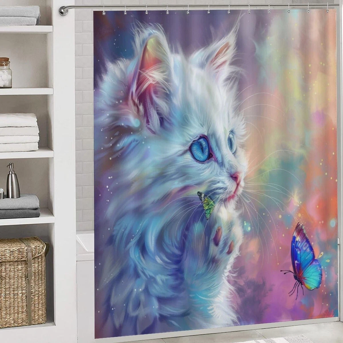 4Pcs Cat Colorful Shower Curtain Set with Lid Cover U-Shaped Mat and Non-Slip...