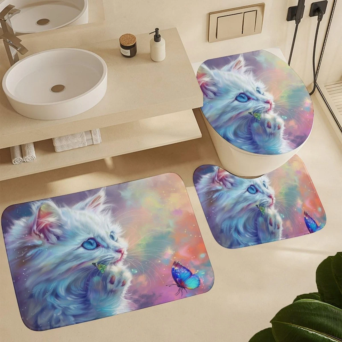 4Pcs Cat Colorful Shower Curtain Set with Lid Cover U-Shaped Mat and Non-Slip...