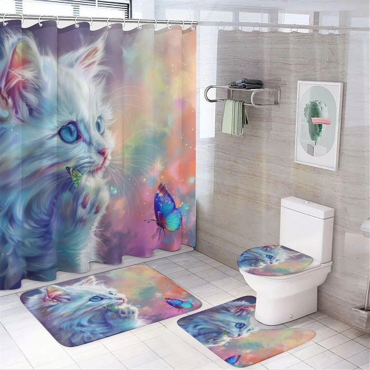 4Pcs Cat Colorful Shower Curtain Set with Lid Cover U-Shaped Mat and Non-Slip...