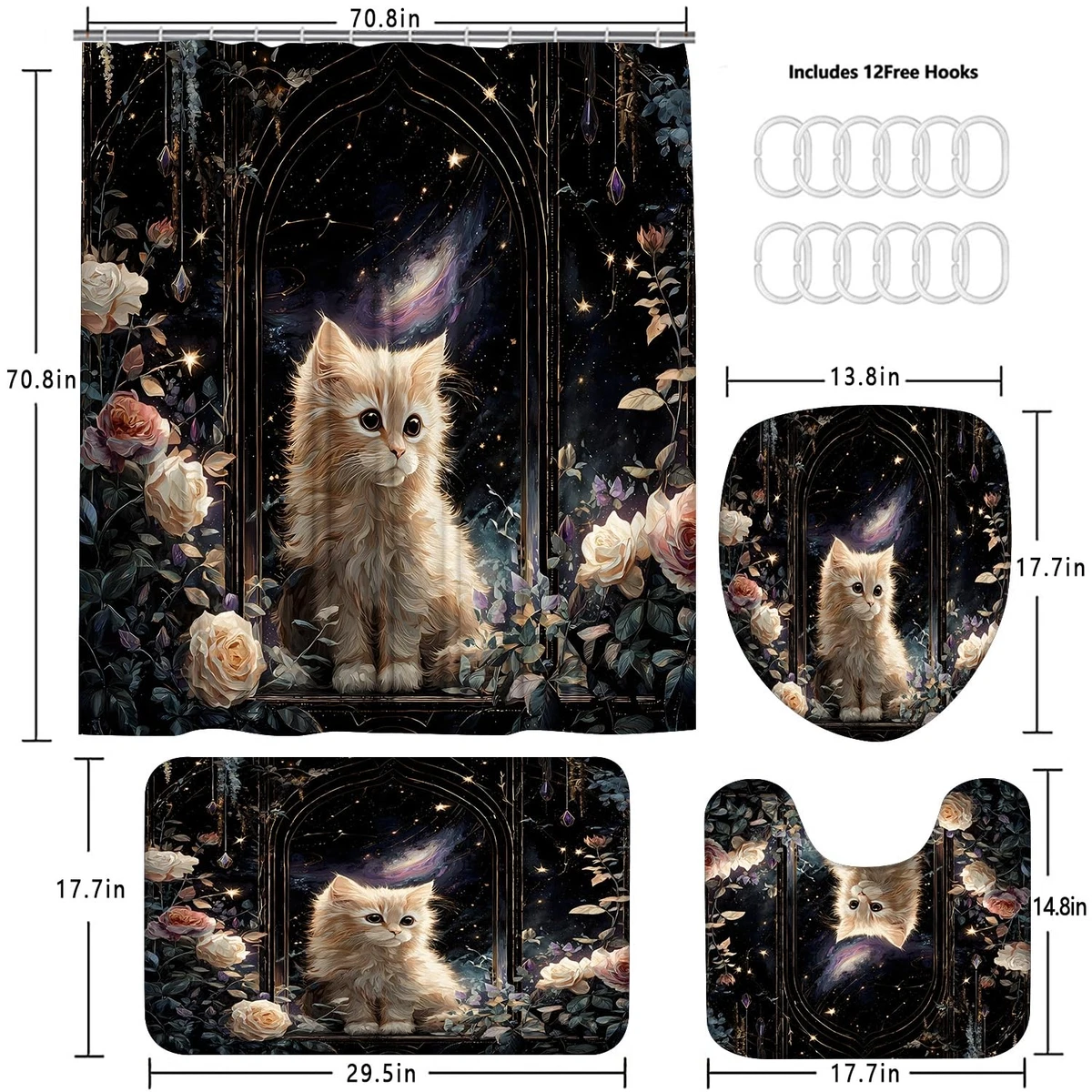4Pcs Cat Milky Way Shower Curtain Sets with Non-Slip Rugs,Toilet Lid Cover an...
