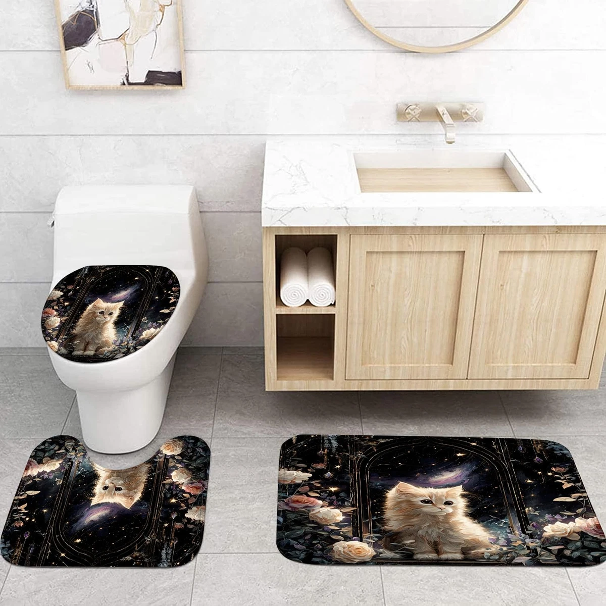 4Pcs Cat Milky Way Shower Curtain Sets with Non-Slip Rugs,Toilet Lid Cover an...