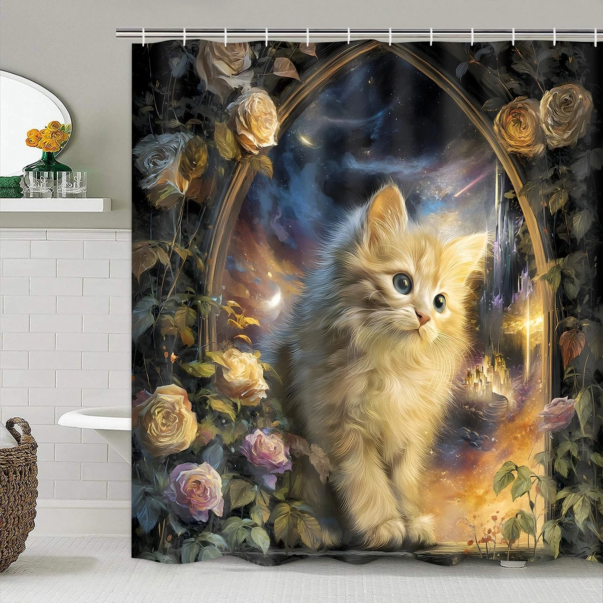 4Pcs Cat Milky Way Shower Curtain Sets with Non-Slip Rugs,Toilet Lid Cover an...