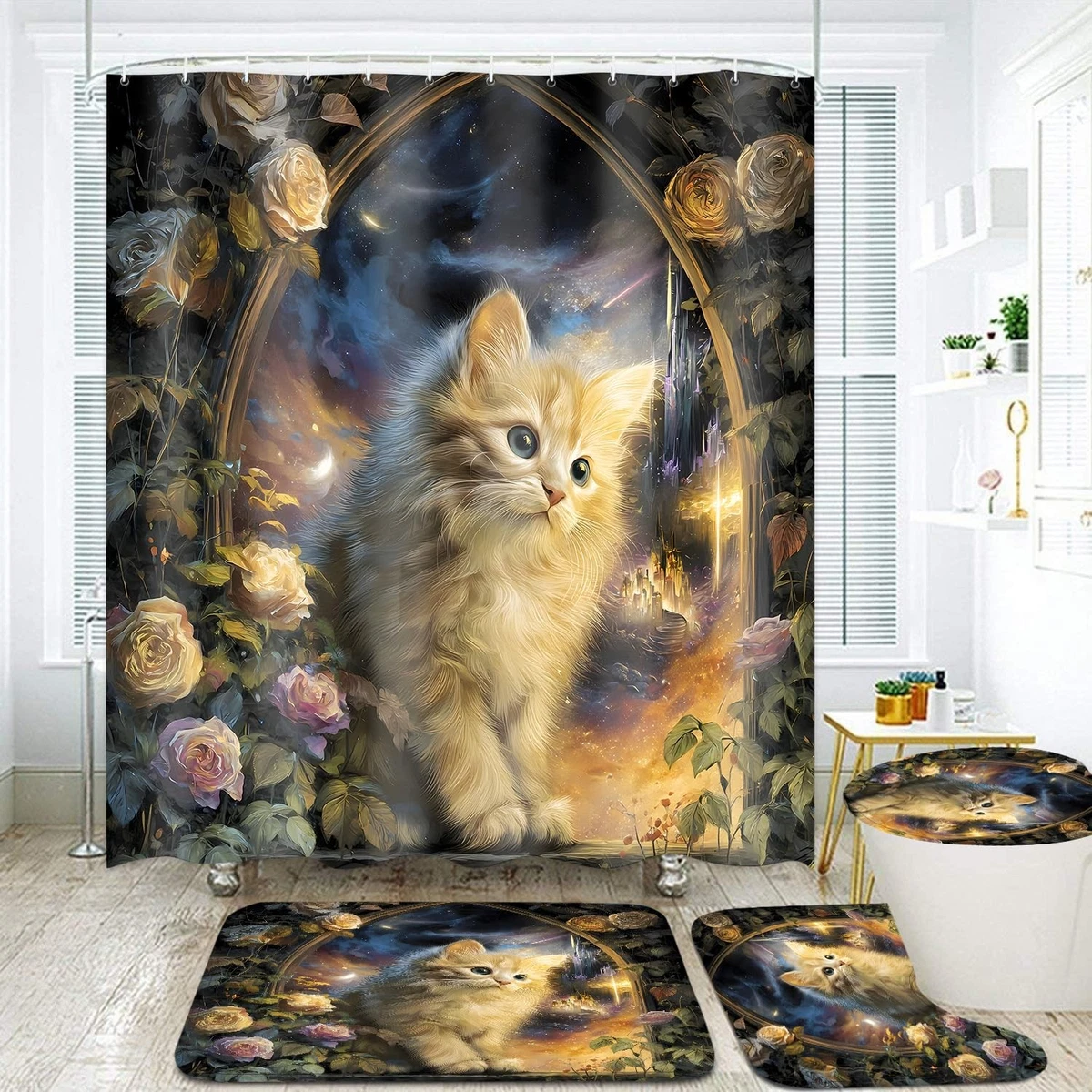 4Pcs Cat Milky Way Shower Curtain Sets with Non-Slip Rugs,Toilet Lid Cover an...