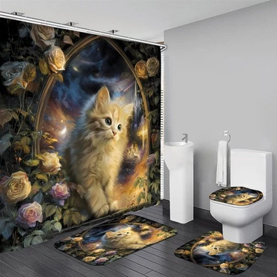 4Pcs Cat Milky Way Shower Curtain Sets with Non-Slip Rugs,Toilet Lid Cover an...