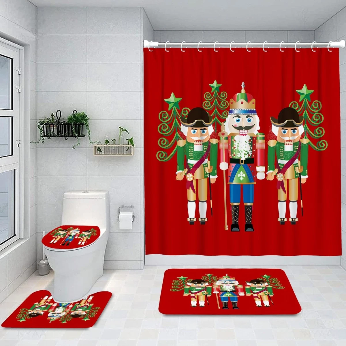 4Pcs Christmas Shower Curtain Set with Non-Slip Rugs, Toilet Lid Cover & Bath Ma