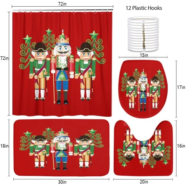 4Pcs Christmas Shower Curtain Set with Non-Slip Rugs, Toilet Lid Cover & Bath Ma