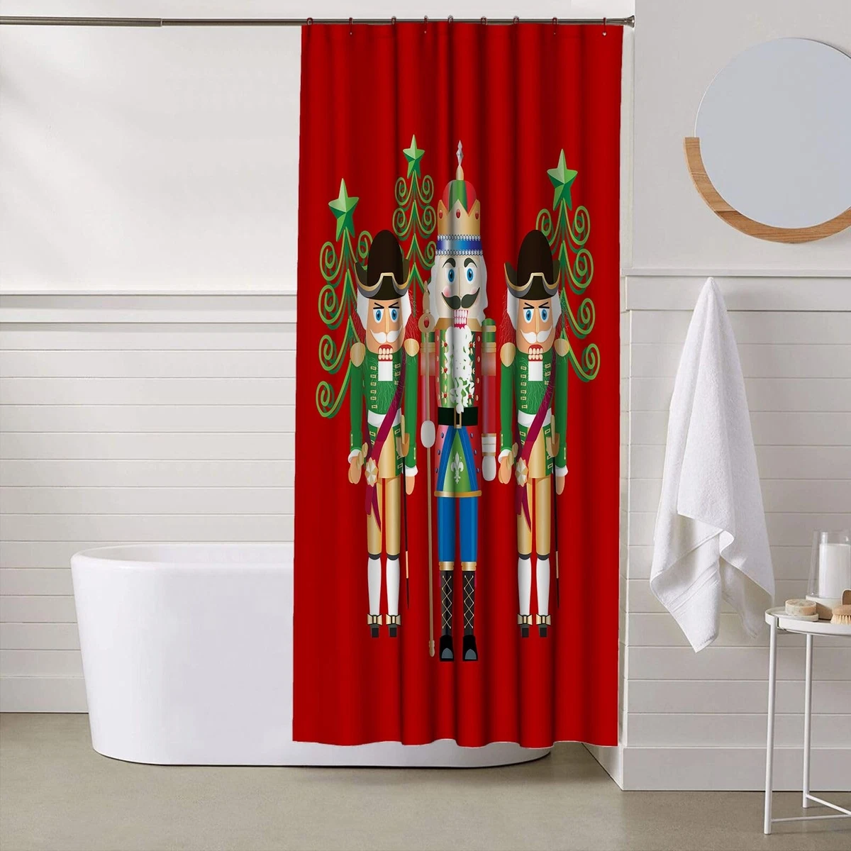 4Pcs Christmas Shower Curtain Set with Non-Slip Rugs, Toilet Lid Cover & Bath Ma
