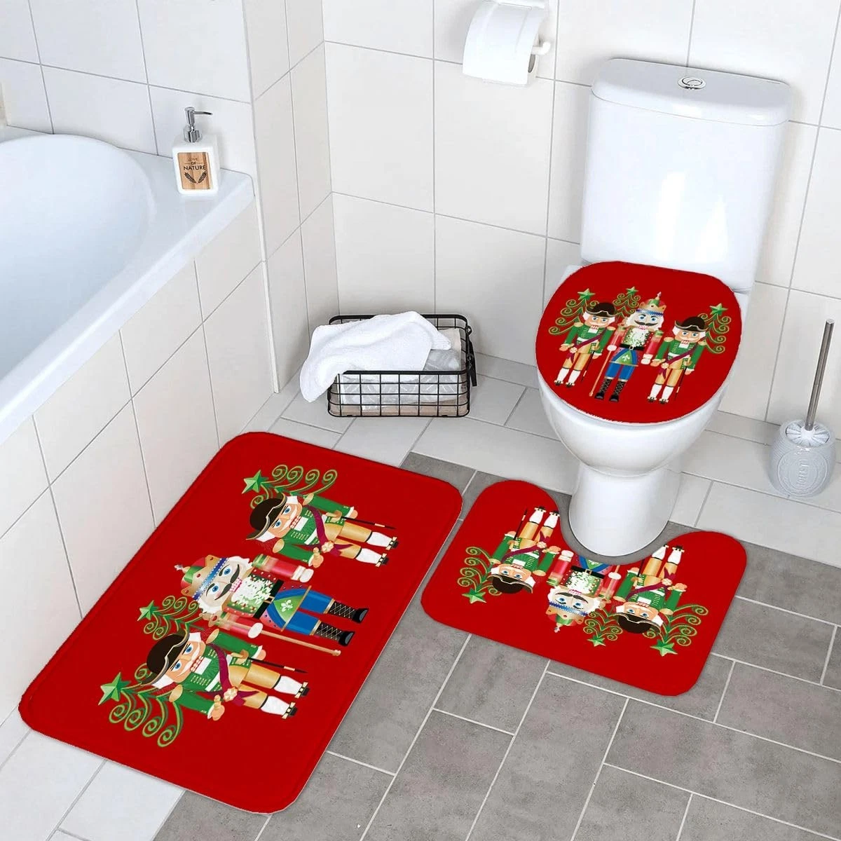 4Pcs Christmas Shower Curtain Set with Non-Slip Rugs, Toilet Lid Cover & Bath Ma