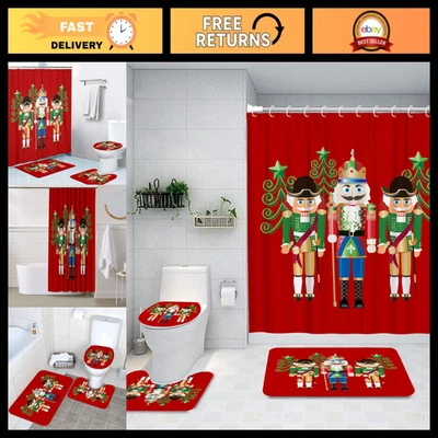 4Pcs Christmas Shower Curtain Set with Non-Slip Rugs, Toilet Lid Cover & Bath Ma