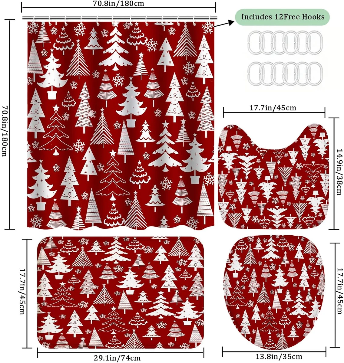4Pcs Christmas Shower Curtain Sets with Non-Slip Rugs, Toilet Lid Cover and Bath