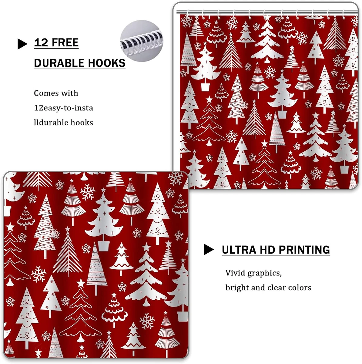 4Pcs Christmas Shower Curtain Sets with Non-Slip Rugs, Toilet Lid Cover and Bath