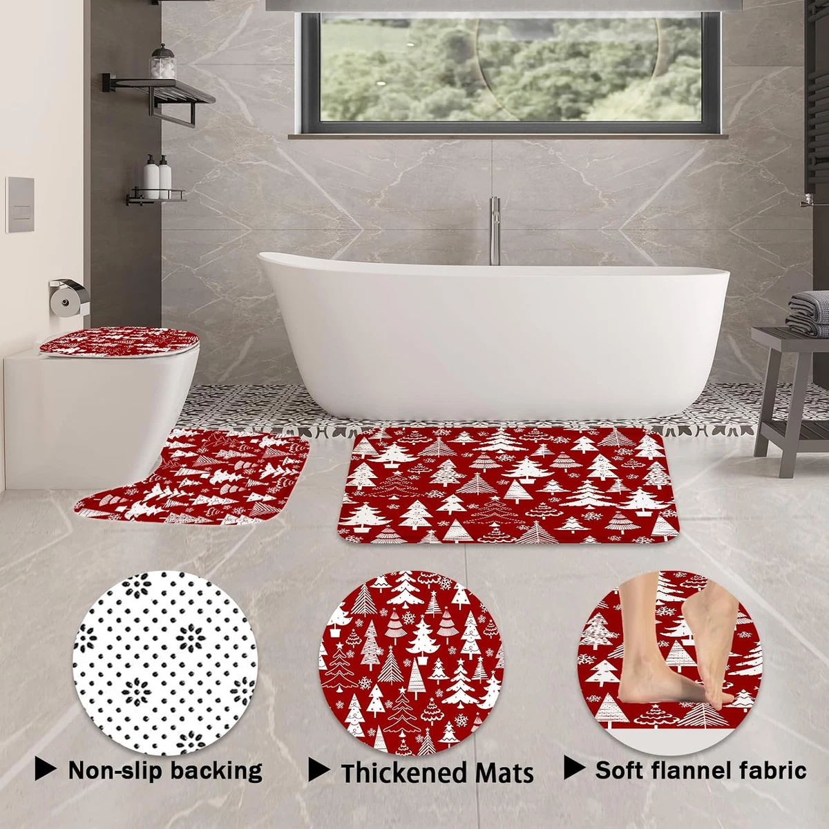 4Pcs Christmas Shower Curtain Sets with Non-Slip Rugs, Toilet Lid Cover and Bath