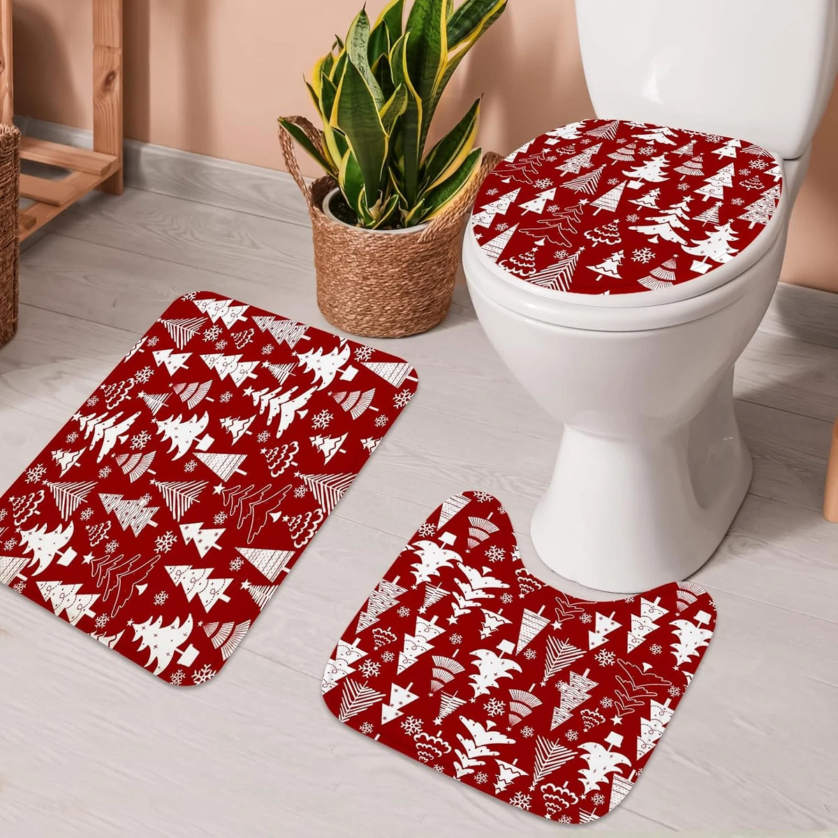 4Pcs Christmas Shower Curtain Sets with Non-Slip Rugs, Toilet Lid Cover and Bath