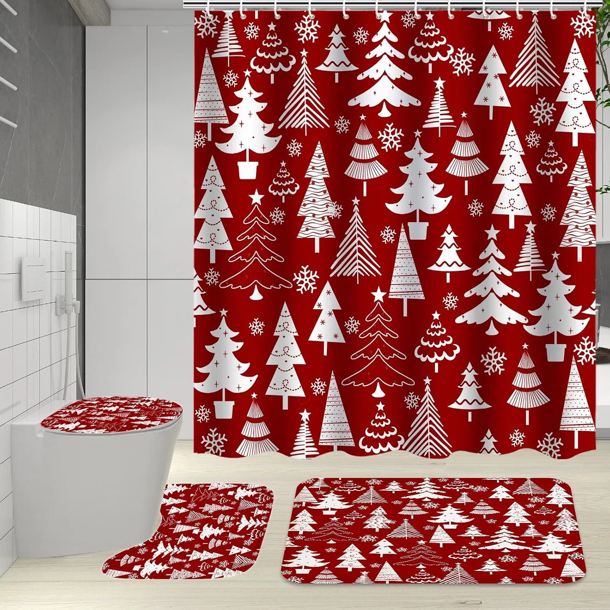 4Pcs Christmas Shower Curtain Sets with Non-Slip Rugs, Toilet Lid Cover and Bath