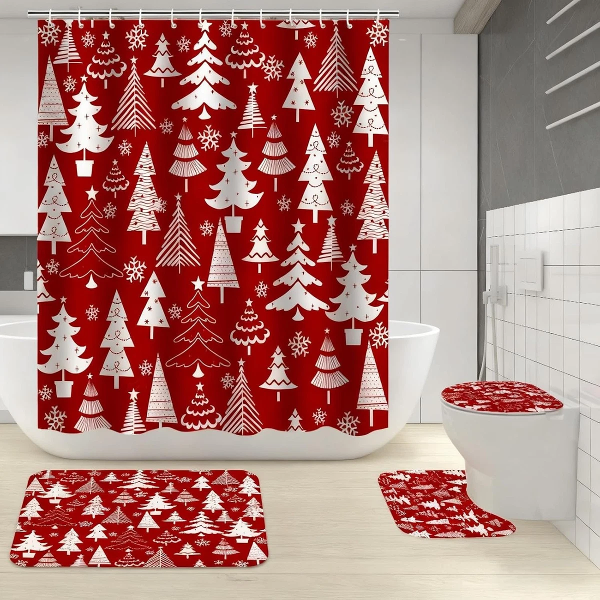 4Pcs Christmas Shower Curtain Sets with Non-Slip Rugs, Toilet Lid Cover and Bath